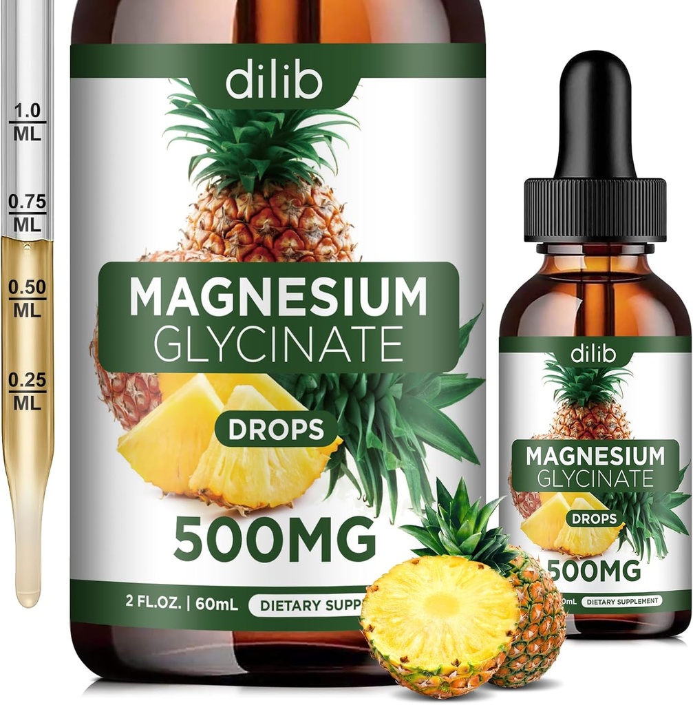 Magnesium Glycinate Supplement, Liquid Magnesium Glycinate Liquid Drops 500mg-Support Stress Relief, Relaxation, Mood, Sleep, Bone & Muscle-2 Fl Oz, Vegan, Pineapple Flavor 2