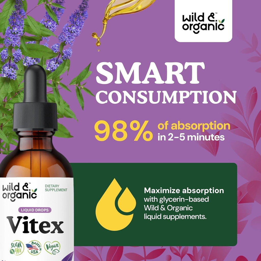 Wild & Organic Vitex Tincture - Vitex Chasteberry Supplement for Women - Liquid Chaste Tree Berry Extract for Good Mood - Vegan, Sugar & Alcohol-Free Herb Drops - 4 fl oz 5