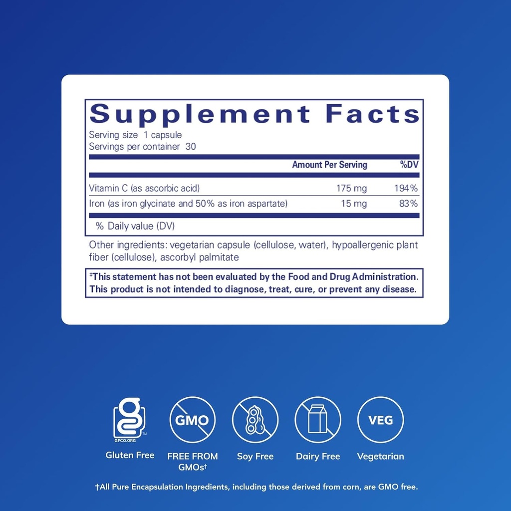Pure Encapsulations Iron-C - 15 mg - 175 mg Vitamin C - Red Blood Cell Support* - Energy Production - Highly Bioavailable Iron Pill - Gluten Free & Vegan - 30 Capsules 3