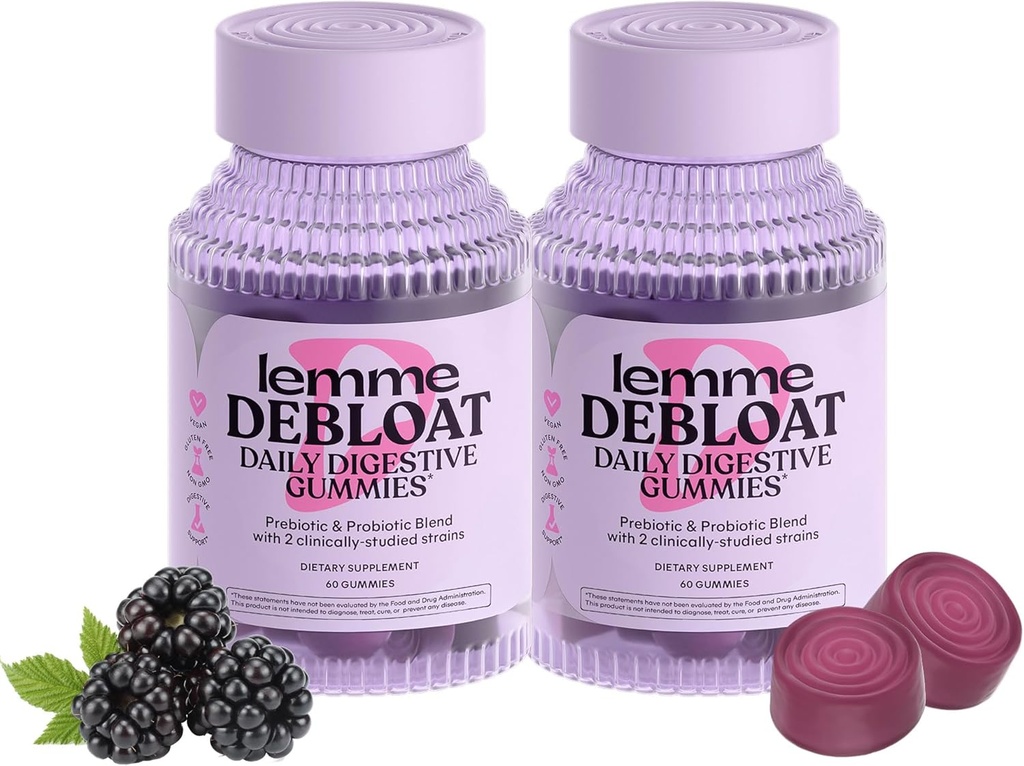 Lemme Debloat - Digestive & Gut Health Gummies with 2 Clinically Studied Probiotics & Prebiotic, Vegetarian, Gluten Free, Non GMO, BlackBerry Flavor (60 Count) (Pack of 2) 2