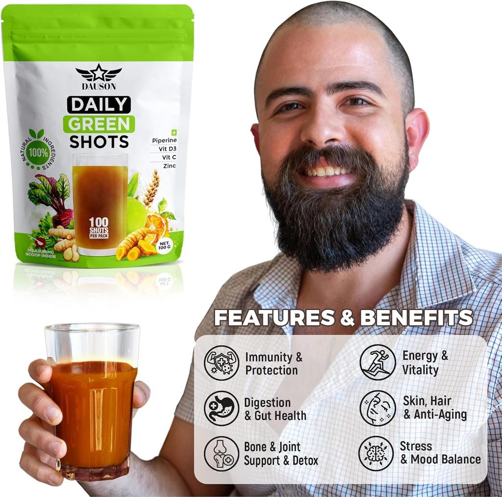 Daily Green Shots – Superfood Powder with Wheatgrass, Matcha, Beetroot, Ashwagandha, Turmeric & Prebiotics – Immunity & Energy Support – Vegan Greens Supplement – 100 Shots 3