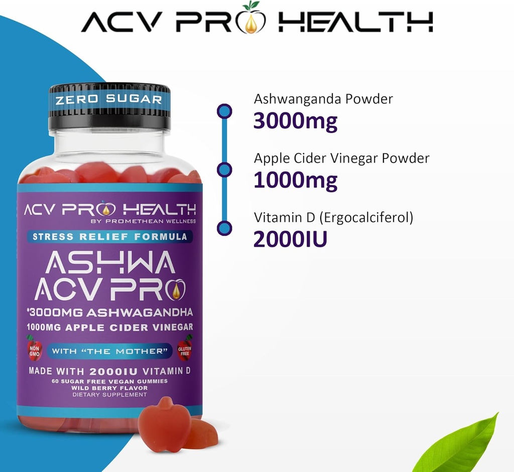 Ashwa ACV Pro Health - Sugar Free Apple Cider Vinegar Gummies with Ashwagandha, Advanced Keto, Stress Relief Supplements with Vitamin D, 1g Carbs Per Gummy Golo 6