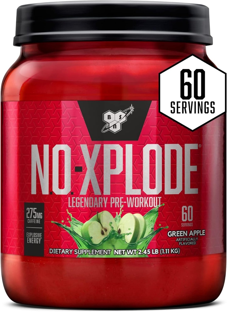 BSN N.O.-XPLODE Pre Workout Powder, Energy Supplement for Men and Women with Creatine and Beta-Alanine, Flavor: Green Apple, 60 Servings 2