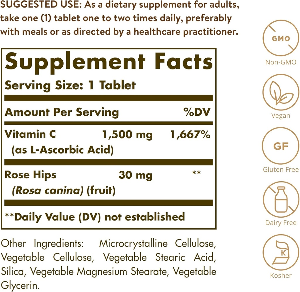 Solgar Vitamin C 1500 mg with Rose Hips, 180 Tablets - Antioxidant & Immune Support - Overall Health - Supports Healthy Skin & Joints - Non GMO, Vegan, Gluten Free, Dairy Free, Kosher - 180 Servings 3