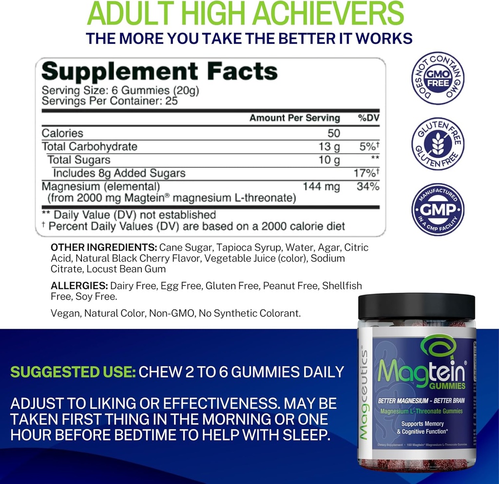 Magtein Magnesium L-Threonate 60 Capsules, Magceutics Adult Gummies 150 Count, Vitamin D3 K2 30 Capsules - Bundle 4