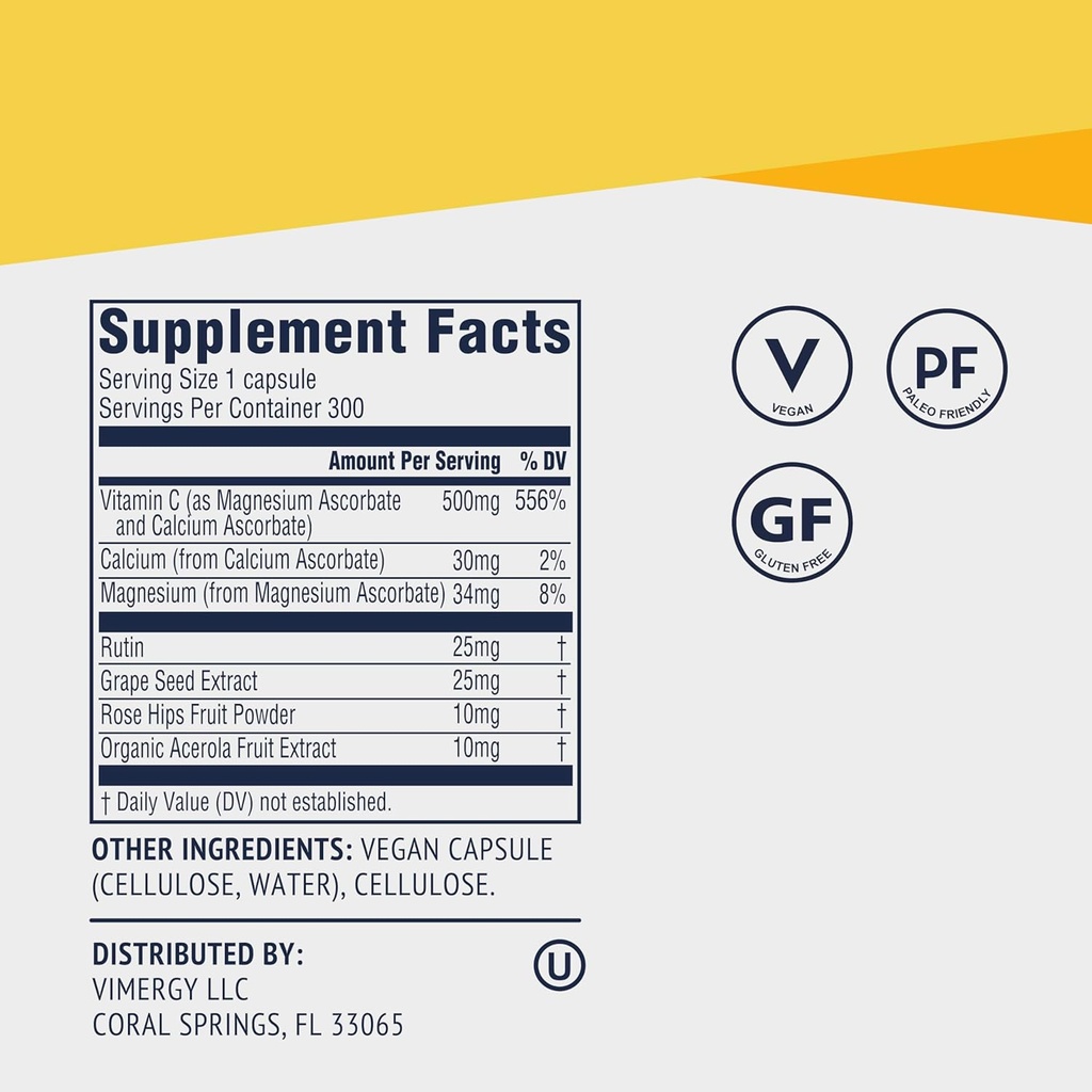 Vimergy Micro-C® Vitamin C Capsules – 500mg per Capsule, Supports Immune Health*, Promotes Collagen Production, Supports Healthy Bones*, Kosher, Vegan & Gluten-Free, Value Size 300 Capsules 5
