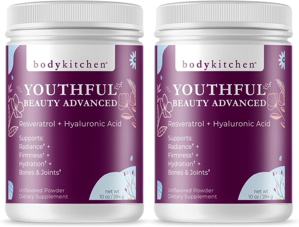 Body Kitchen Youthful Beauty Advanced, Collagen Peptides Powder for Beautiful Hair Skin Nails, Resveratrol and Hyaluronic Acid for Anti-Aging & Antioxidant Support, Grass Fed (Pack of 2) 2
