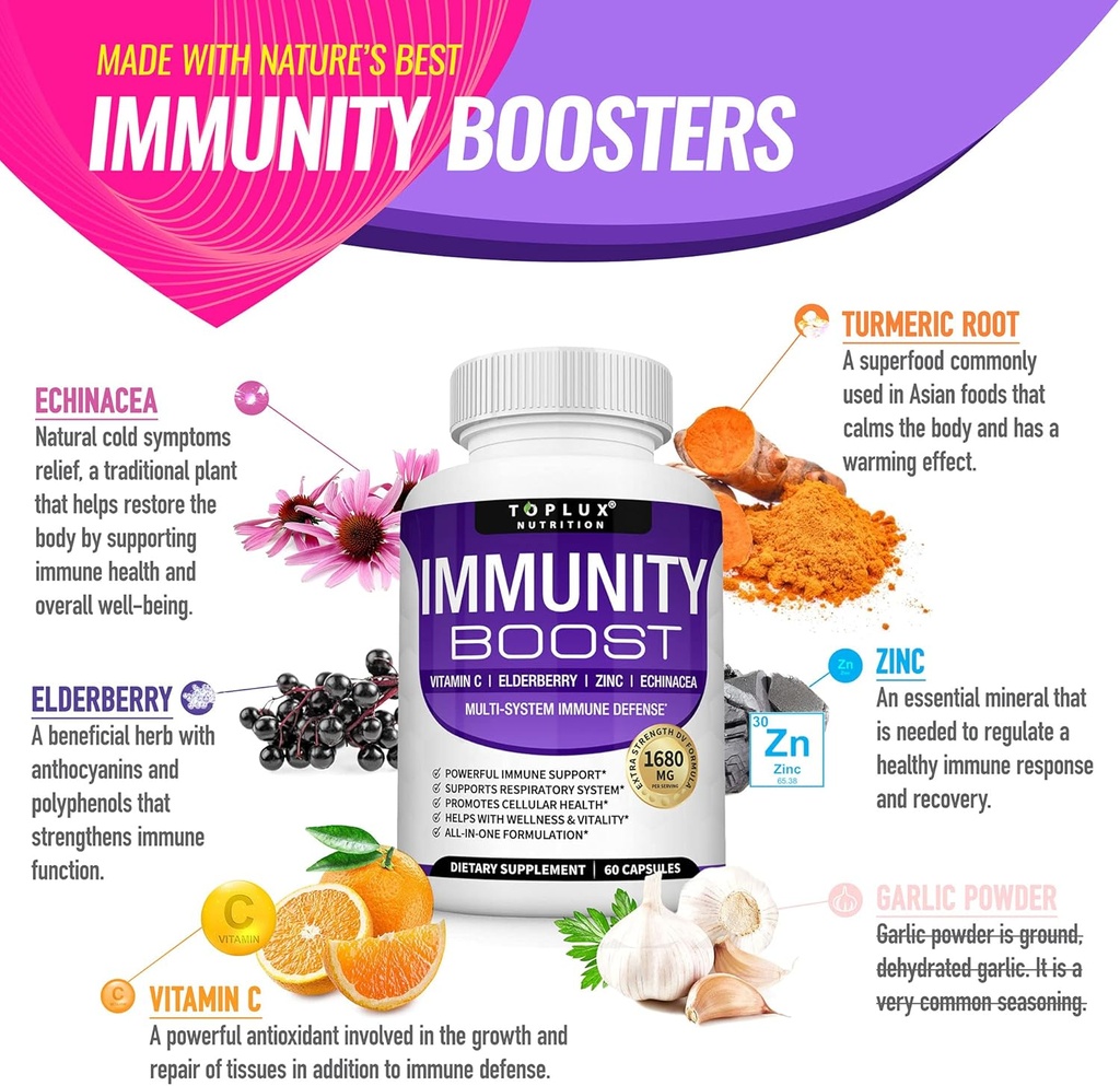 Immunity Boost Immune Support Supplement â€“ 1650mg 10 in 1 Blend with Elderberry, Vitamin C, Zinc, Echinacea & Probiotics for Immune System Defense, Support Healthy Respiratory System, 60 Capsules 4