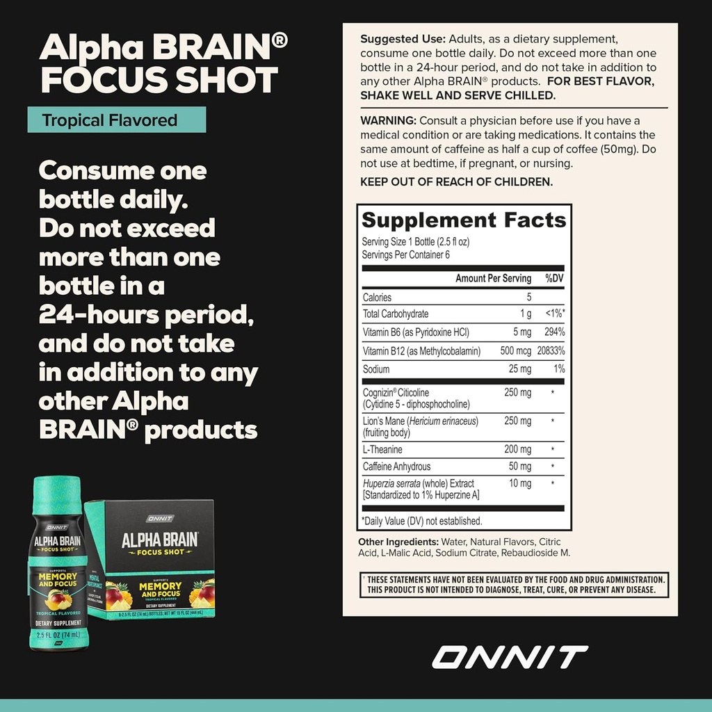 ONNIT Alpha Brain Focus Shot, Tropical Flavor, Nootropic Dietary Supplement Drink That Supports Energy, Focus, and Mood, IGEN™ Non-GMO Tested, 2.5 fl oz, 6 Count 4