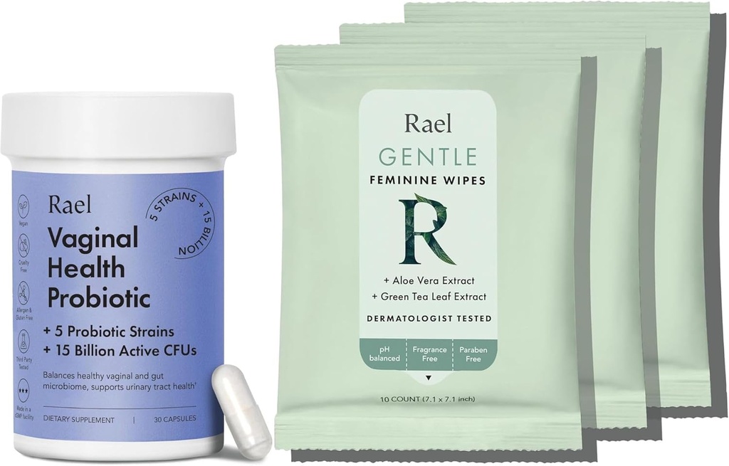 Rael Bundle - Probiotics Supplements for Women, Digestive Enzymes, Urinary Tract Health (30 Day Supply) & Flushable Feminine Wipes, pH Balance (10 Count, Pack of 3) 2