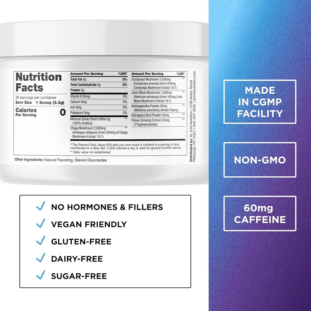 Dr. Emil Mushroom Coffee for Focus & Energy - Instant Coffee with Lions Mane, Chaga & Cordyceps - Delicious Caramel Flavor & Potent Mushroom Powder Blend 3