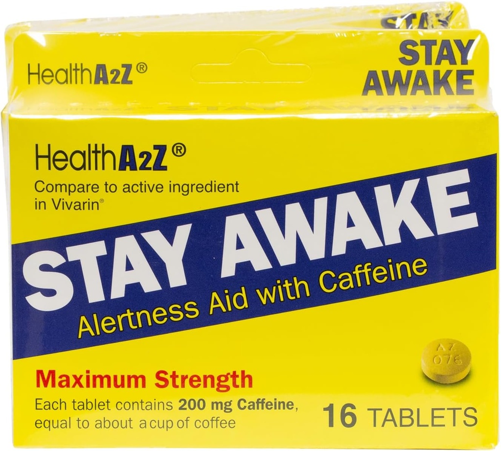 HealthA2Z® Stay Awake | 200 mg Caffeine | Alertness Aid with Caffeine | 3 Packs of 16 Tabelts (48 Tablets Total) | Maxium Strength 2