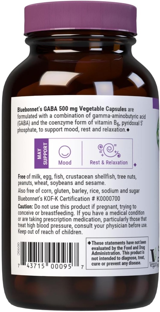 BlueBonnet Nutrition GABA 500mg, for Stress Relief*, Supports Relaxation*, Kosher, Vegan, Gluten-Free, Soy-Free, Non-GMO, 60 Vegetable Capsules, 60 Servings 4