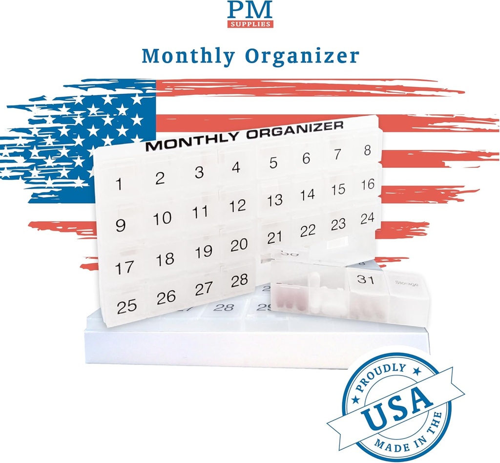 31 compartments, 1 per Day, 4 Week Monthly Pill Organizer by Promed. Includes Tray and 8 Removable compartments. (White) 3
