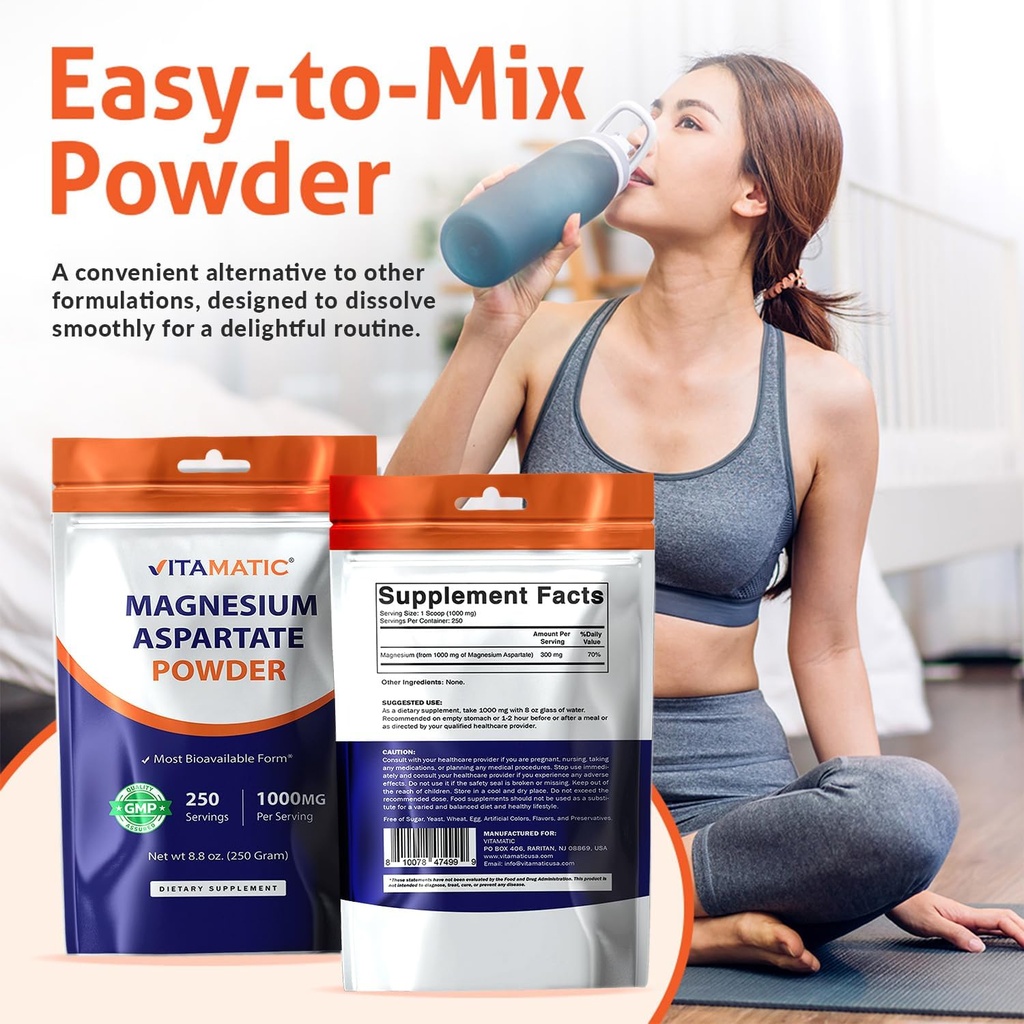 Vitamatic Magnesium Aspartate 1000mg per Serving Supports Muscle, Joint, and Heart Health 250 Grams - 250 Servings 4
