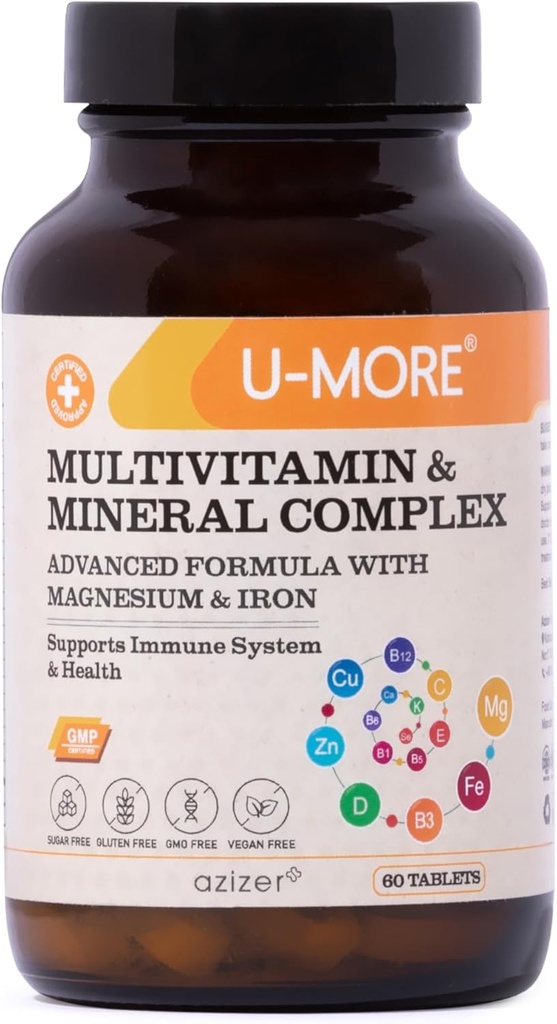 U-MORE Multivitamin & Mineral Complex, Vegan, Sugar-Free, Gluten-Free, Calcium, Magnesium, Vitamin A, B1, B2, B5, B6, B12, D3, K, C, Iron, Zinc, Supports Immune System & Overall Health - 60 Tablets 2