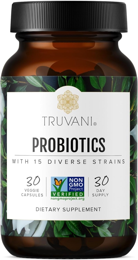 Truvani Probiotic Supplement | 30 Servings | 15 Billion CFU | 15 Diverse Strains for Digestive, Immune & Brain Health Support | Shelf-Stable Vegan Capsules | Non-GMO, No Fillers 2