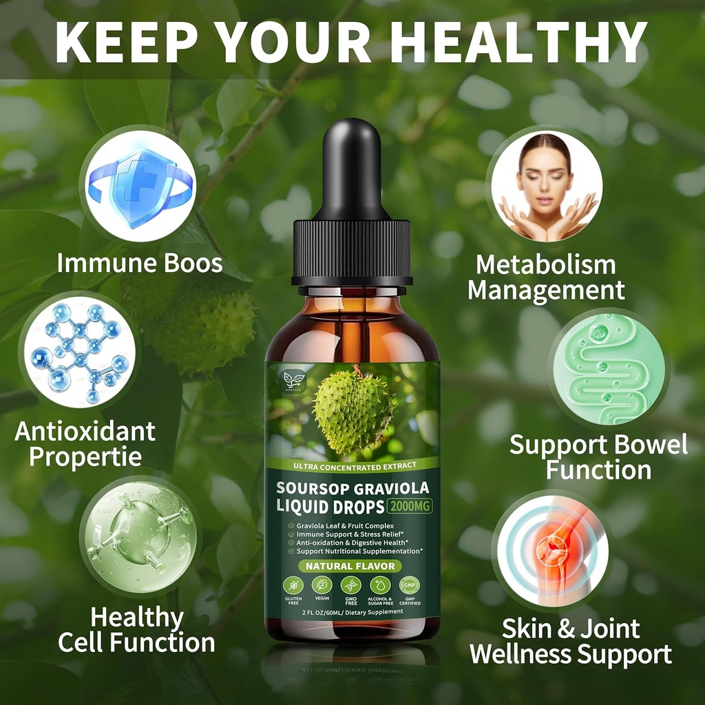 Soursop Graviola Liquid Drops 2000mg, Organic Soursop Extract - 98% Absorption Soursop Bitters Liquid for Cell Support & Regeneration and Immune Boost, Sugar/Gluten Free, Natural Flavor, 2 Fl Oz 3