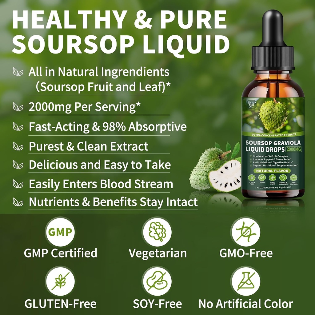 Soursop Graviola Liquid Drops 2000mg, Organic Soursop Extract - 98% Absorption Soursop Bitters Liquid for Cell Support & Regeneration and Immune Boost, Sugar/Gluten Free, Natural Flavor, 2 Fl Oz 4