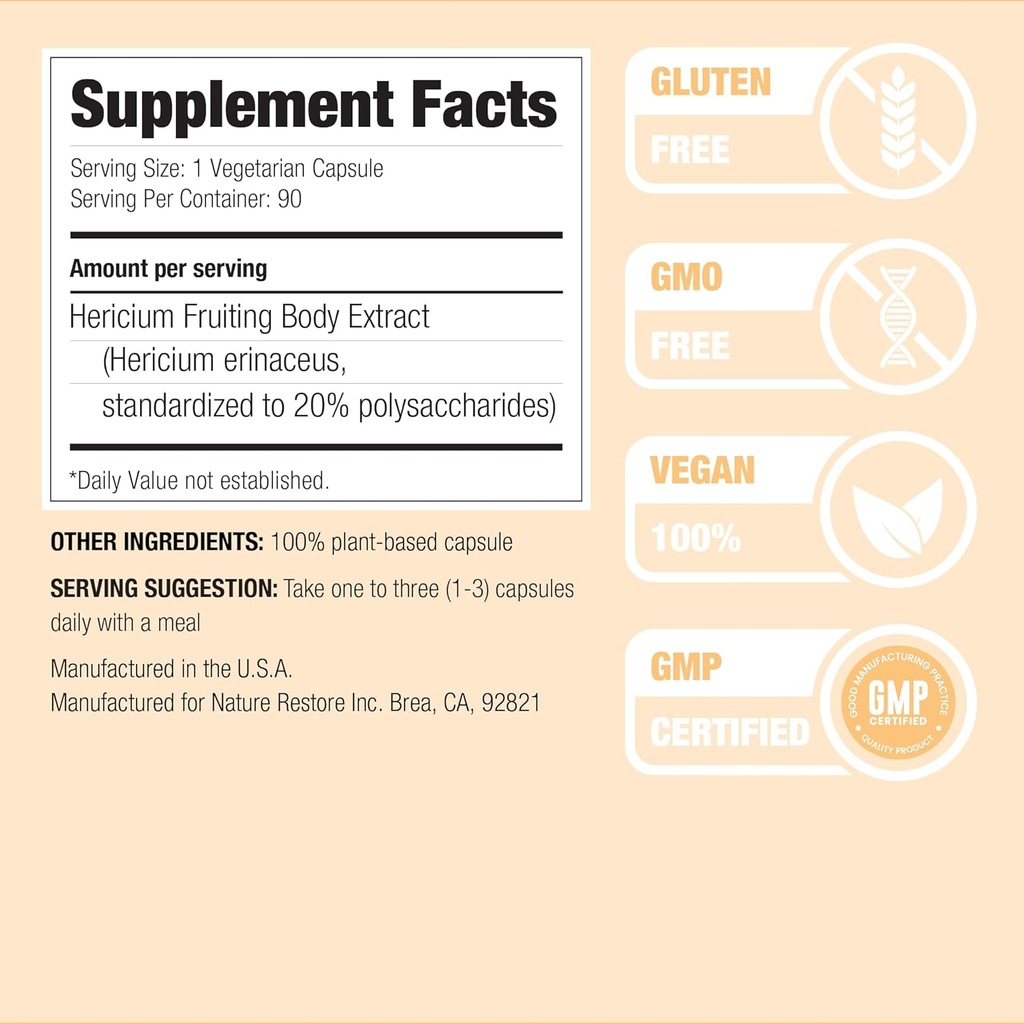 Nature Restore Hericium Erinaceus Extract Mushroom Supplement, 90 Capsules, 20% polysaccharides, Lion's Mane 4