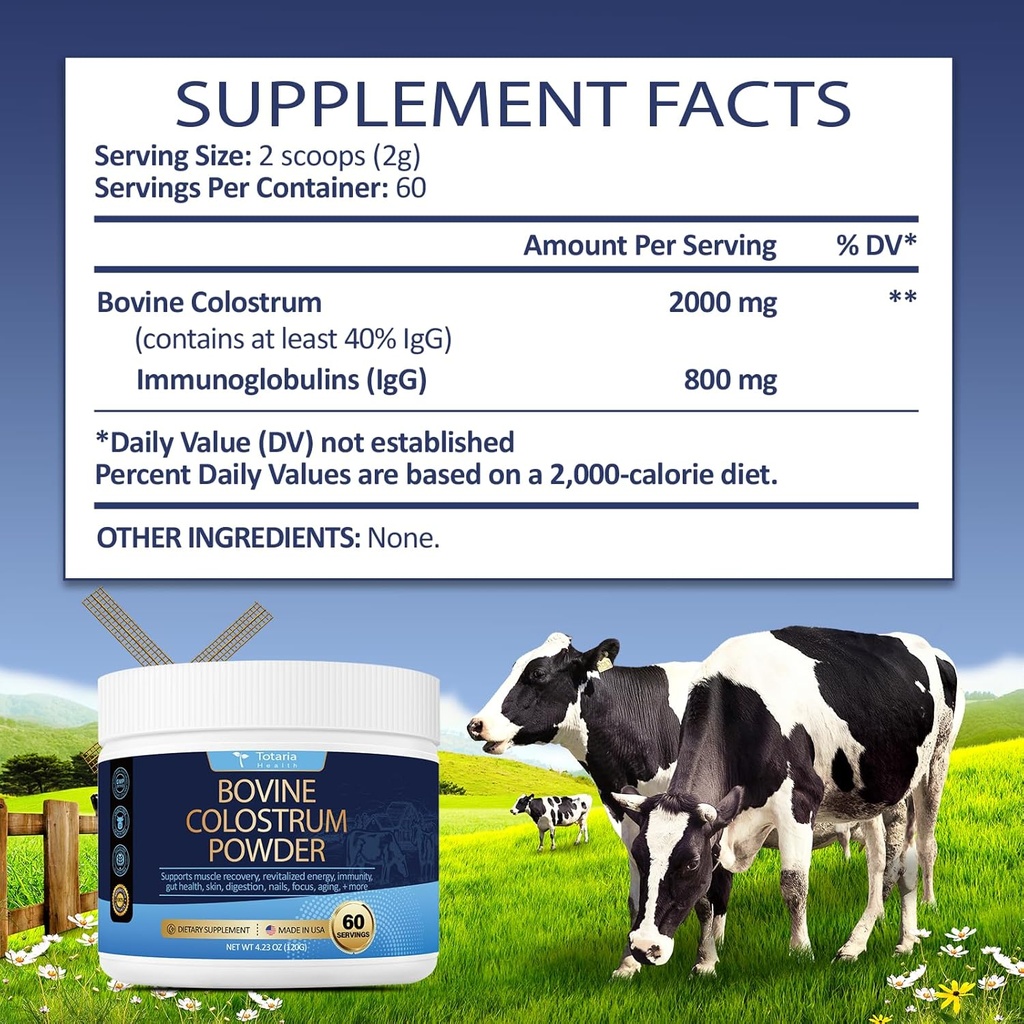 Totaria Bovine Colostrum Supplement Powder for Gut Health, Hair Growth, Beauty and Immune Support - USA Farm Grass Fed - No Fillers, GMP Certified Calostro Bovino para Adultos Organico, 60 Servings 5