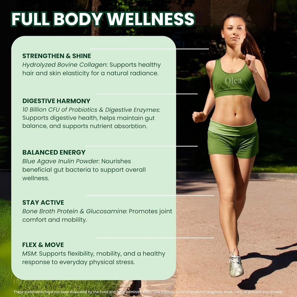 Olea Advanced Collagen & Bone Broth Powder, 10g Hydrolyzed Collagen, 5g Bone Broth, Hyaluronic Acid, Probiotics, Enzymes – Supports Skin, Hair, Nails, & Gut Health, Rich Chocolate 3