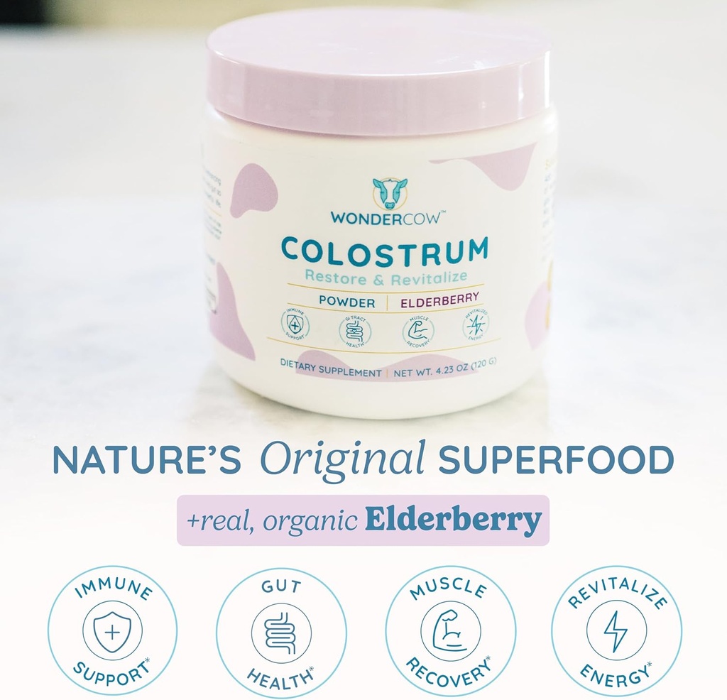 WONDERCOW Colostrum Supplement Powder for Gut Health, Immune Support, Muscle Recovery & Wellness | Natural IgG Pure Whole Bovine Colostrum Superfood, Elderberry, 60 Servings 3