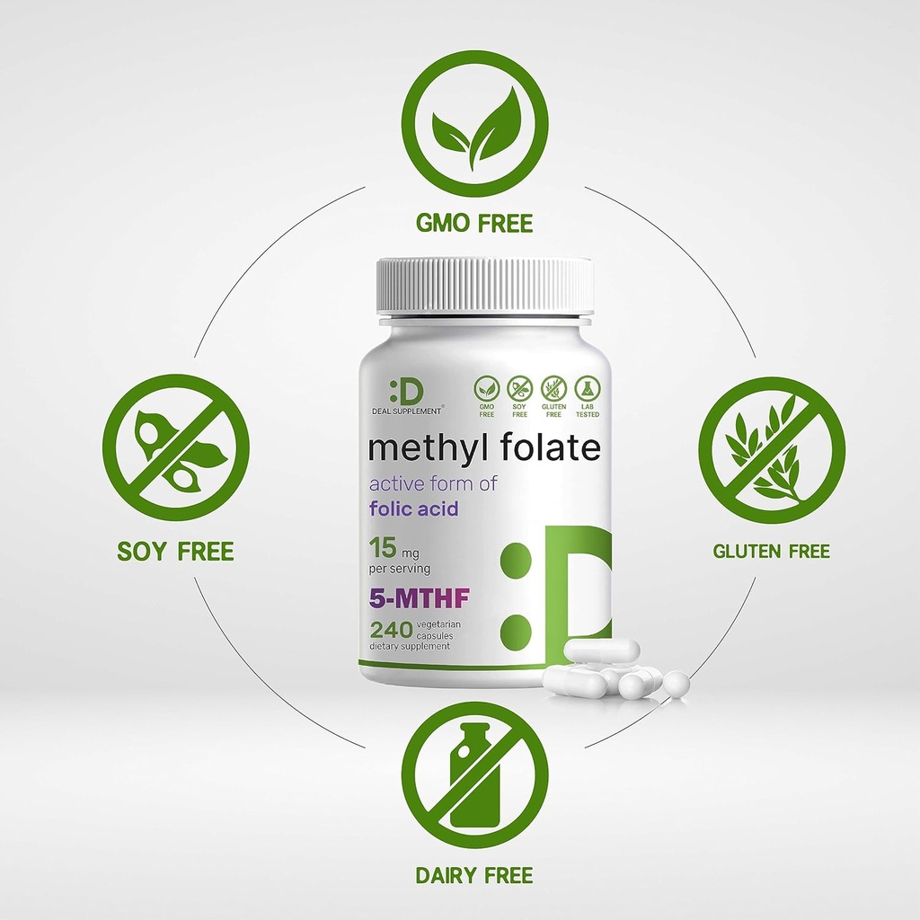 DEAL SUPPLEMENT L Methylfolate 15mg Per Serving, 240 Veggie Capsules – Active Folic Acid Form (5-MTHF), Bioavailable Methylated Folate – Prenatal, Energy, & Brain Support Supplement – Non-GMO 4