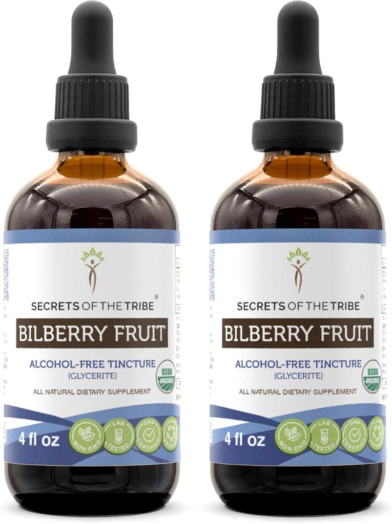 Secrets of the Tribe Bilberry Fruit USDA Organic | Alcohol-Free Extract, High-Potency Herbal Drops, Vision | Made from 100% Certified Organic Bilberry (Vaccinium Myrtillus) Dried Fruit 2x4 oz 2