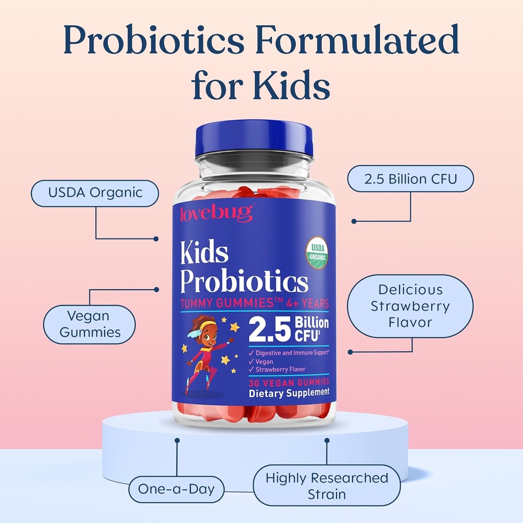 LOVEBUG Kids Probiotic Gummies – Organic Chewable Probiotics for Kids Aged 4+, Soil- Based Children’s Probiotic for Gut Health,Constipation,Digestive & Immune Support, Vegan, 30 Chews, Strawberry 5