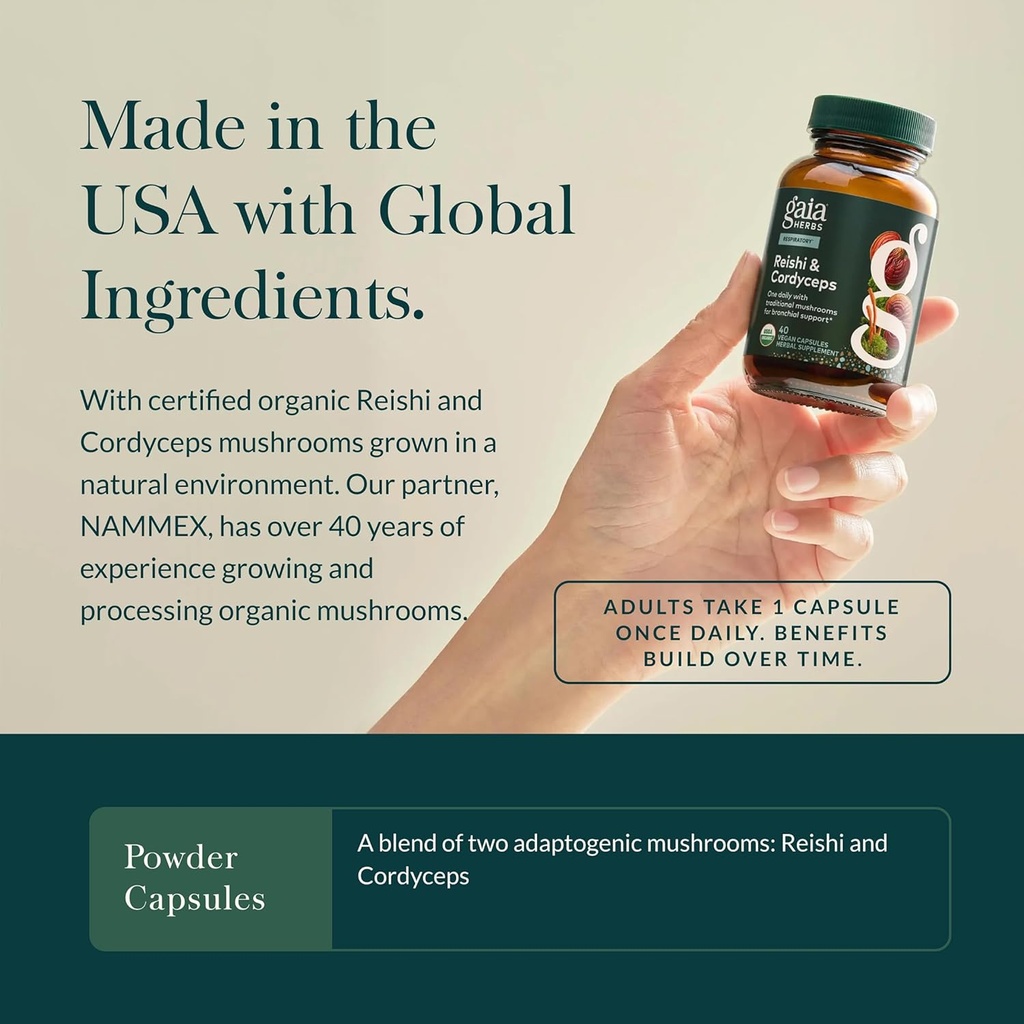 Gaia Herbs Respiratory Mushroom Blend - Immune Support Herbal Supplement to Help Maintain Overall Lung and Respiratory Health - WIth Reishi and Cordyceps* Mushrooms - 40 Vegan Capsules (40-Day Supply) 5
