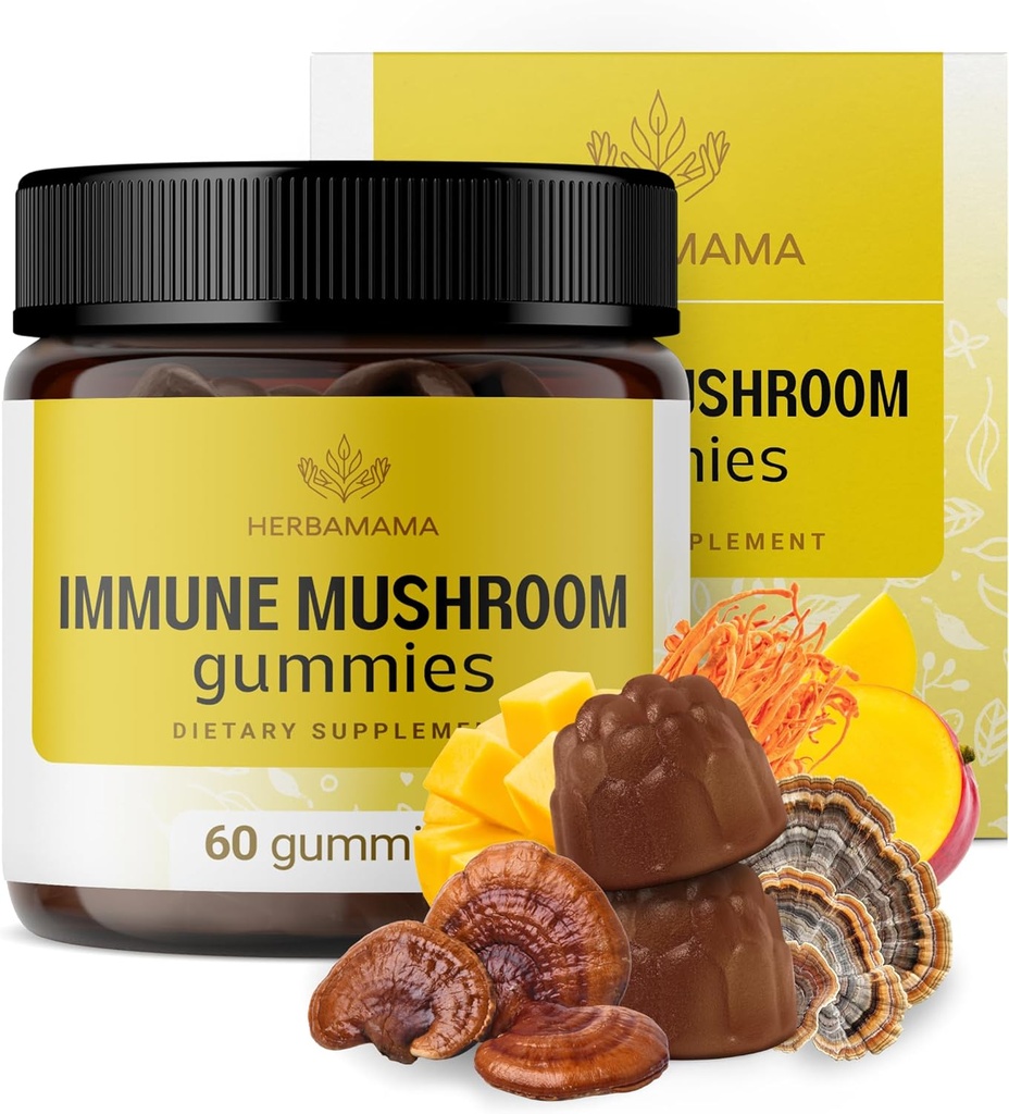 HERBAMAMA Immune Support Mushroom Gummies - Multi Mushroom Blend Complex for Antioxidant Support - Vegan, Non-GMO Immunity Supplement - 60 Pectin-Based Mango-Flavored Chews 2