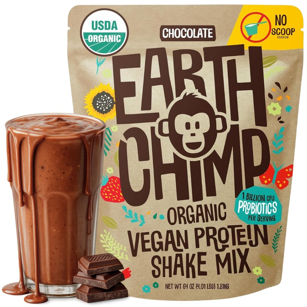 EarthChimp Organic Vegan Protein Powder - with Probiotics - Non GMO, Dairy Free, Non Whey, Plant Based Protein Powder for Women and Men, Gluten Free - 52 Servings 64 Oz (Chocolate) No Scoop 2