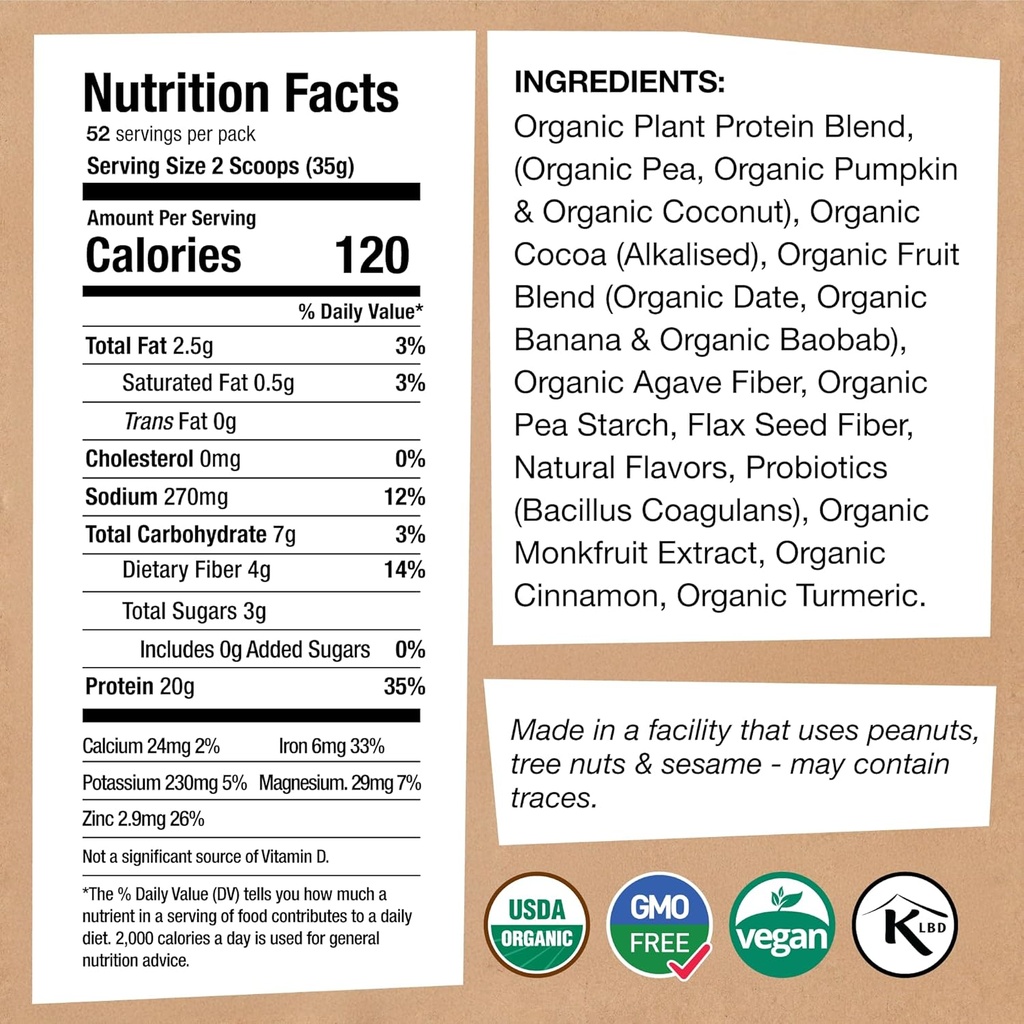 EarthChimp Organic Vegan Protein Powder - with Probiotics - Non GMO, Dairy Free, Non Whey, Plant Based Protein Powder for Women and Men, Gluten Free - 52 Servings 64 Oz (Chocolate) No Scoop 3