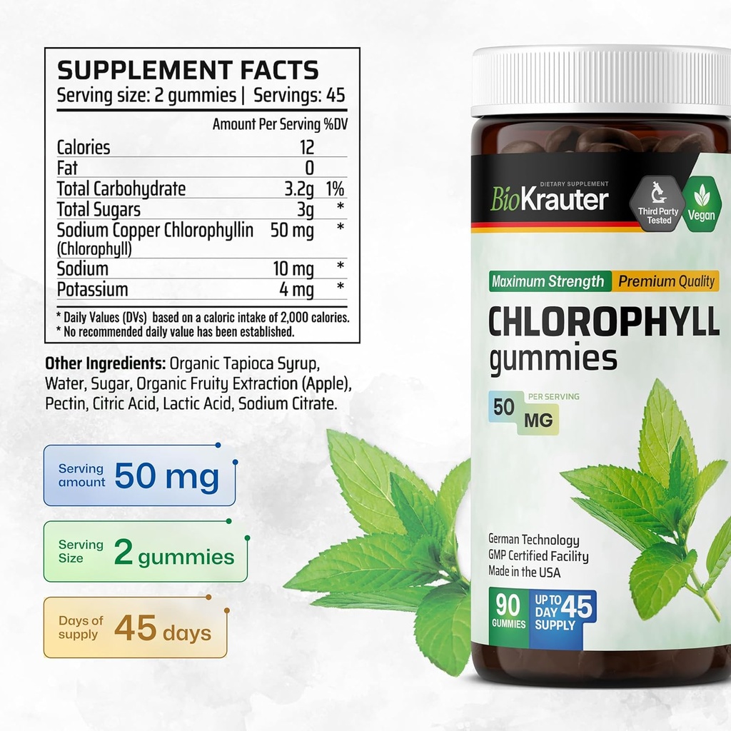 BIO KRAUTER Chlorophyll Gummies - 90 Chews - Chlorophyll Supplements - Natural Skin & Detox Support - Vegan, Pectin Based, Non-GMOs Chews 4