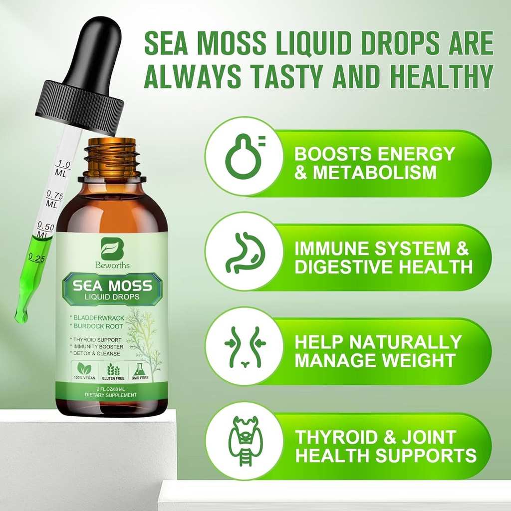 Sea Moss Liquid Drops - Organic Irish Sea Moss Gel with Spirulina, Bladderwrack, Burdock Root, Seamoss Gel Supplement for Joint, Detox Cleanse & Digestion Support - 2 Fl Oz, Vegan 4