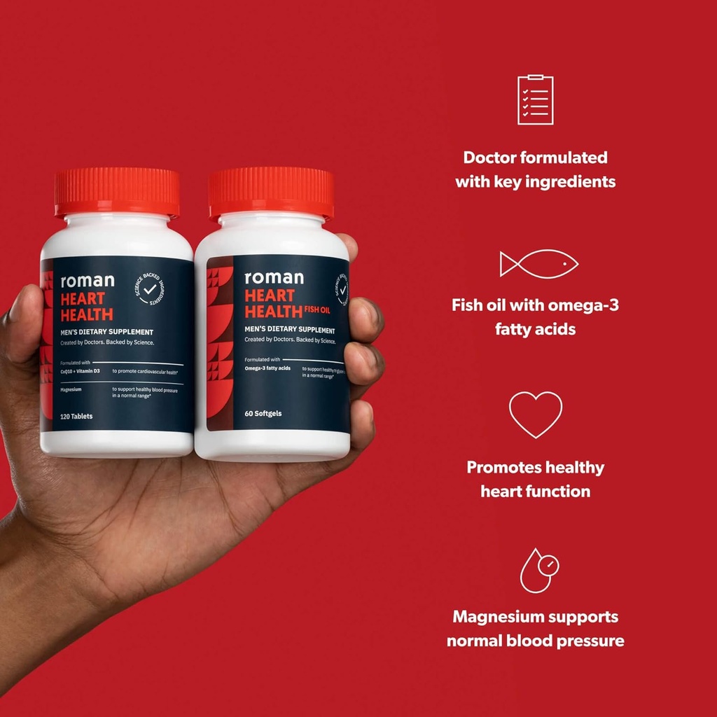 ROMAN Heart Health | Men's Daily Nutritional Supplement for Cardiovascular Support, Features Magnesium, Vitamins K + D3, CoQ10, and Spirulina | 30-Day Supply (120 Tablets + 60 Fish Oil Softgels) 5