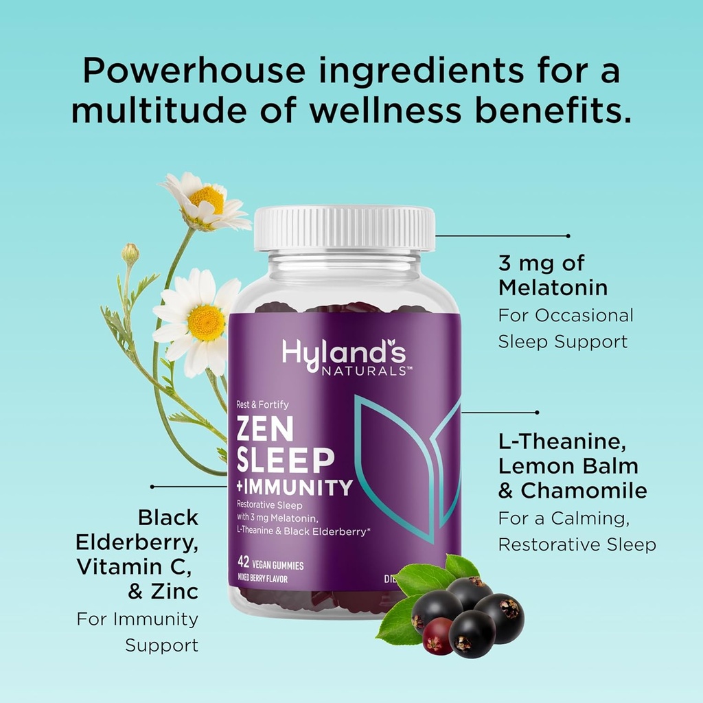 Hyland's Rest and Fortify Zen Sleep Aid and Immune Support, 42 Vegan Gummies, with Melatonin and L-Theanine for Sleep Support and Organic Black Elderberry, Vitamin C and Zinc 4