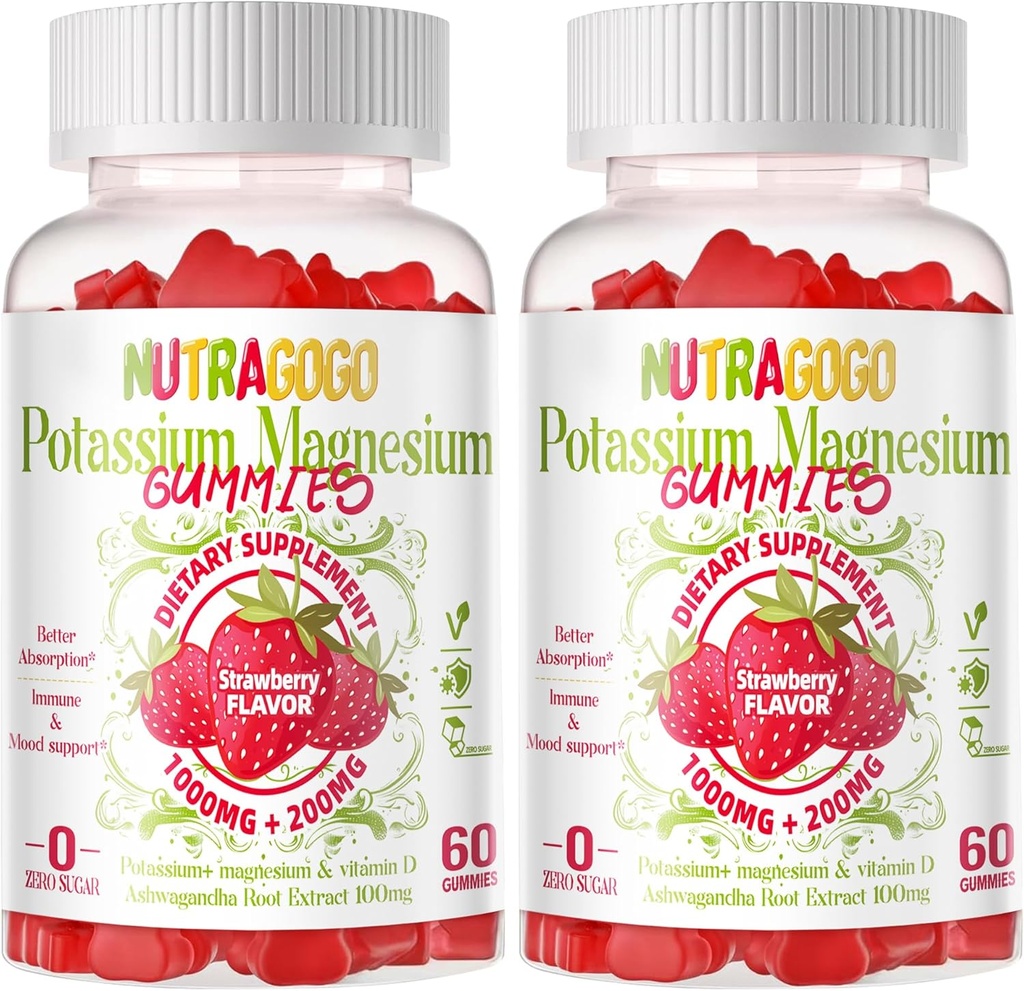 Potassium Magnesium Gummies,Potassium Supplement w/Ashwagandha,High Absorption Magnesium Glycinate,B6,D3,Potassium Citrate,Electroyte for Adults Kids,Sugar-Free, 60 Strawberry Chews 2