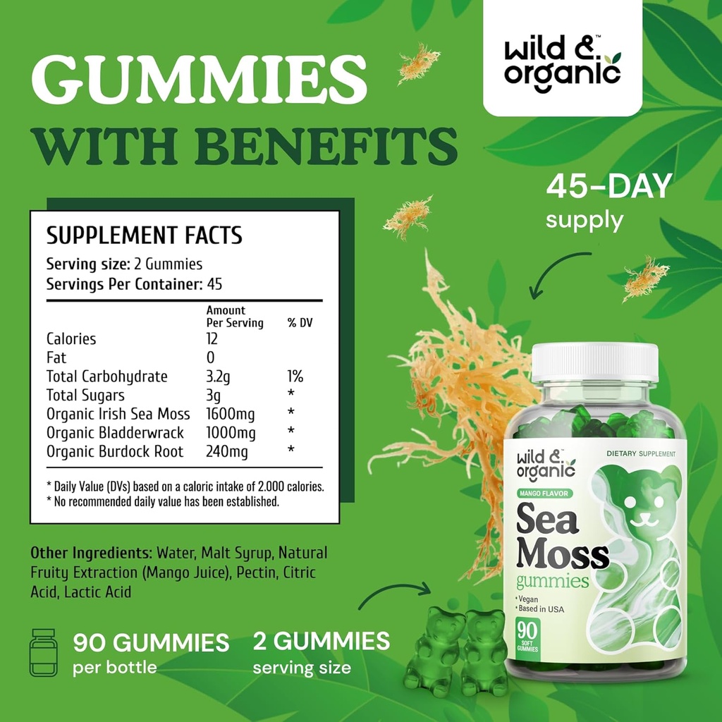 Wild & Organic Irish Sea Moss Gummies 1600 mg - Complex w/Bladderwrack and Burdock Root - Sea Moss Gel Chews for Overall Support - Chondrus Crispus - 90 Vegan, Non-GMO Seamoss Gel Gummies 4