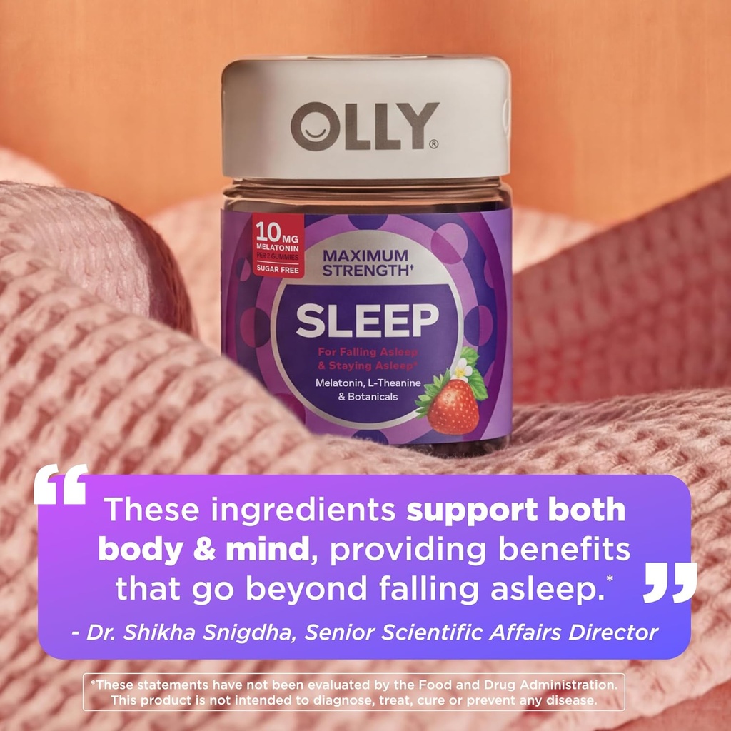 OLLY Max Strength Sleep Gummy, 10mg Melatonin, L-Theanine, Chamomile, Lemon Balm, Sugar Free, Vegetarian Sleep Aid, Strawberry - 50 Count 5