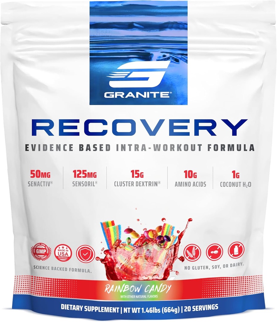 Granite Nutrition Recovery - Premium Intra-Workout Drink with EAAs, Cluster Dextrin, Sensoril & Senactiv for Athletic Performance and Lean Muscle Gains - Rainbow Candy Flavor (20 Servings) 2