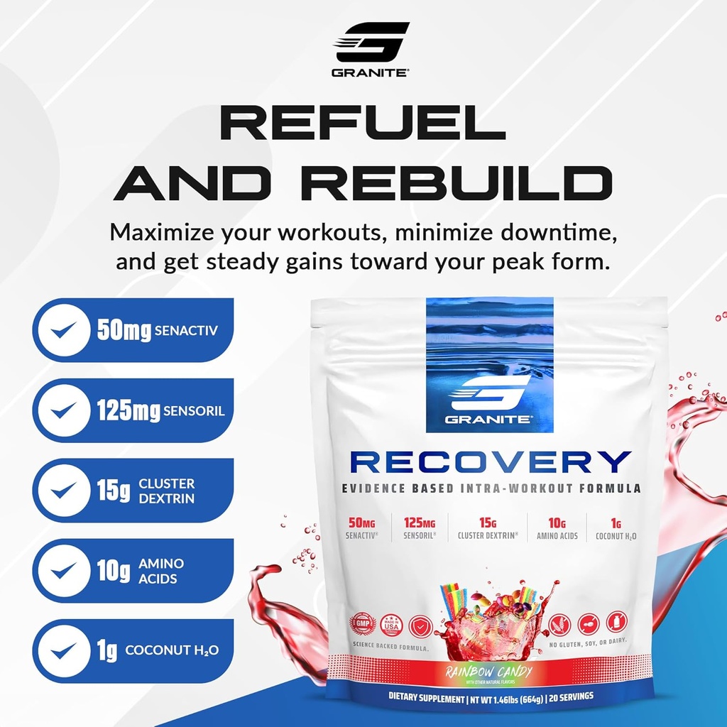 Granite Nutrition Recovery - Premium Intra-Workout Drink with EAAs, Cluster Dextrin, Sensoril & Senactiv for Athletic Performance and Lean Muscle Gains - Rainbow Candy Flavor (20 Servings) 3
