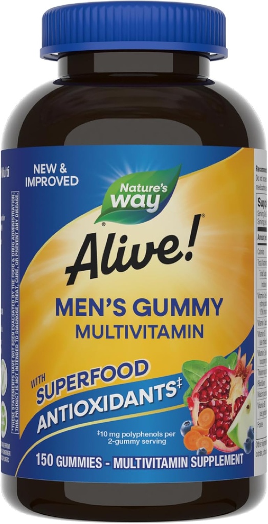 Nature's Way Alive! Men's Multivitamin Gummies, Supports Energy Metabolism*, Muscle Function*, Superfood Antioxidants(1), B-Vitamins, Vegetarian, Fruit Flavored, 150 Gummies (Packaging May Vary) 2