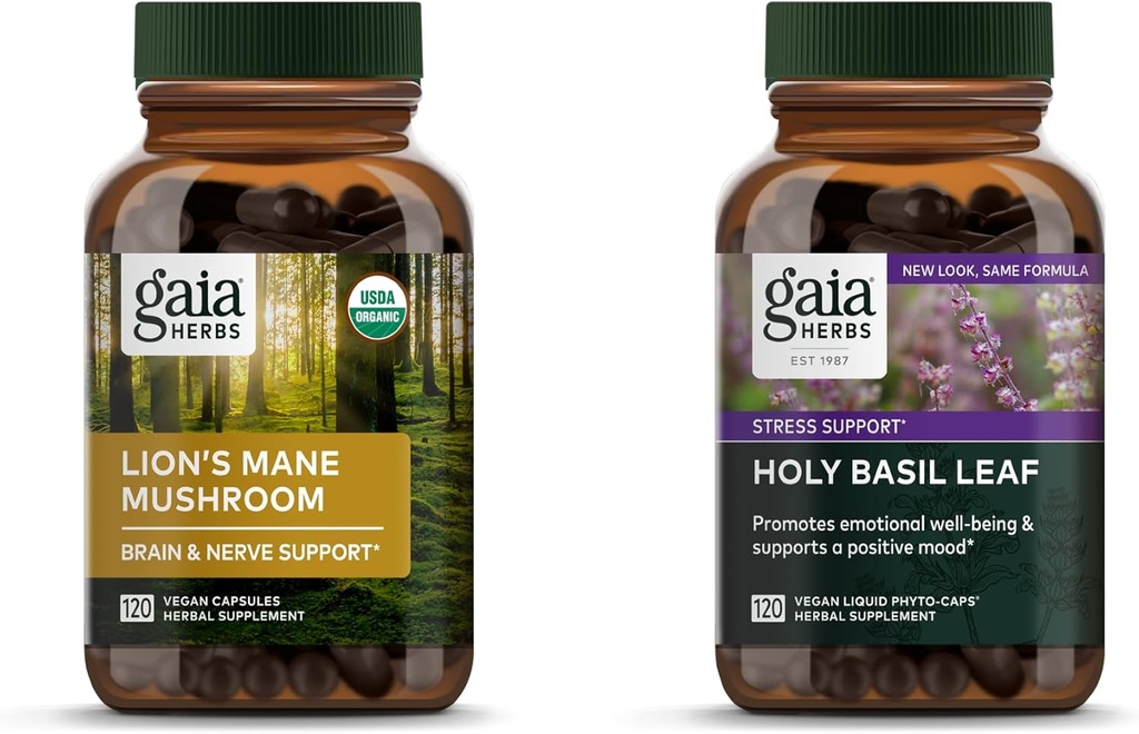 Gaia Herbs Lion’s Mane Mushroom - Help Maintain Neurological Health - 120 Vegan Liquid Phyto-Capsules & Holy Basil Leaf - Helps Sustain a Positive Mindset and Balance in Times of Stress - 120 Vegan Li 2