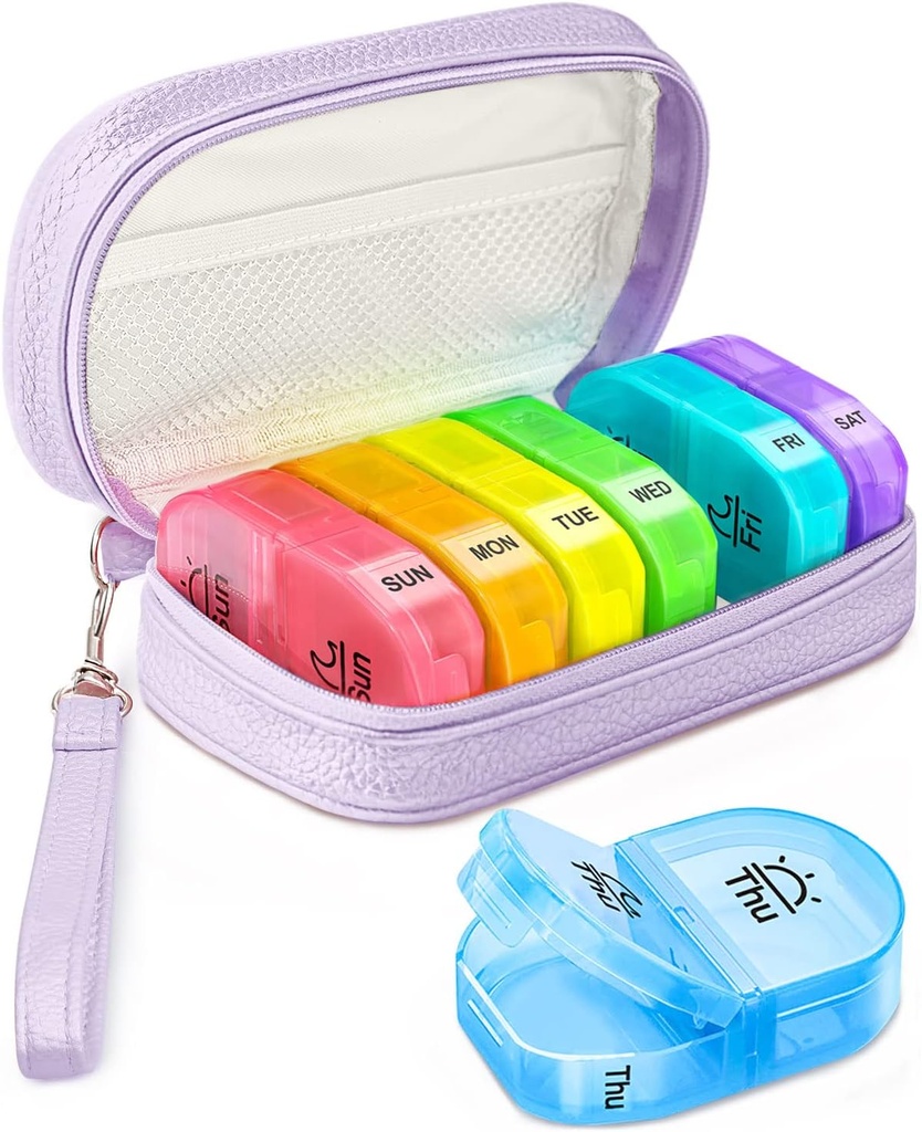 Cute Pill Organizer 2 Times a Day, PU Leather Pill Case for Women, Portable Weekly Pill Box for Purse with Storage Bag to Hold Vitamins, Medications, Fish Oils, Supplements (Purple) 2