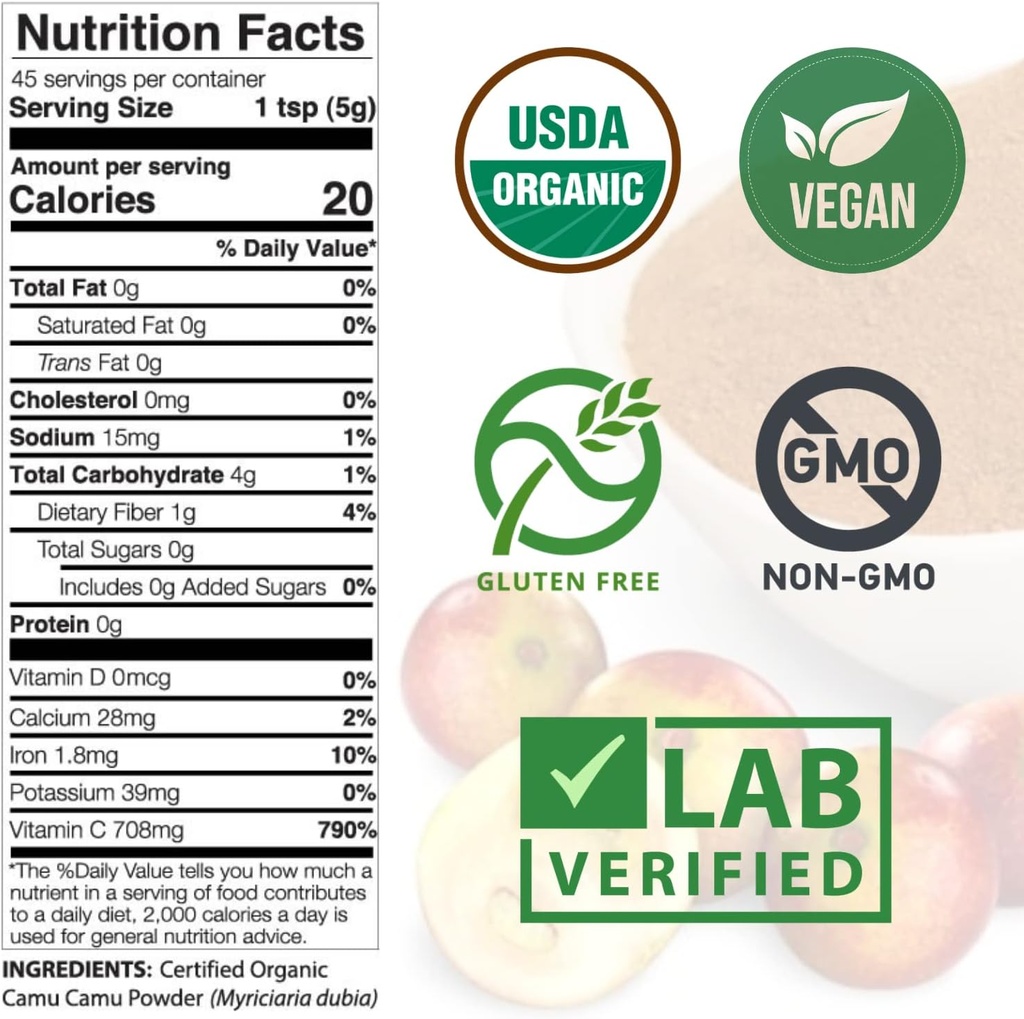 Camu Camu Powder Organic Vitamin C - 8 oz Bag 45 Servings - Raw Camu Camu Berry, Natural VIT C Supplement Powder for Immune Support - Vegan, Non-GMO 4