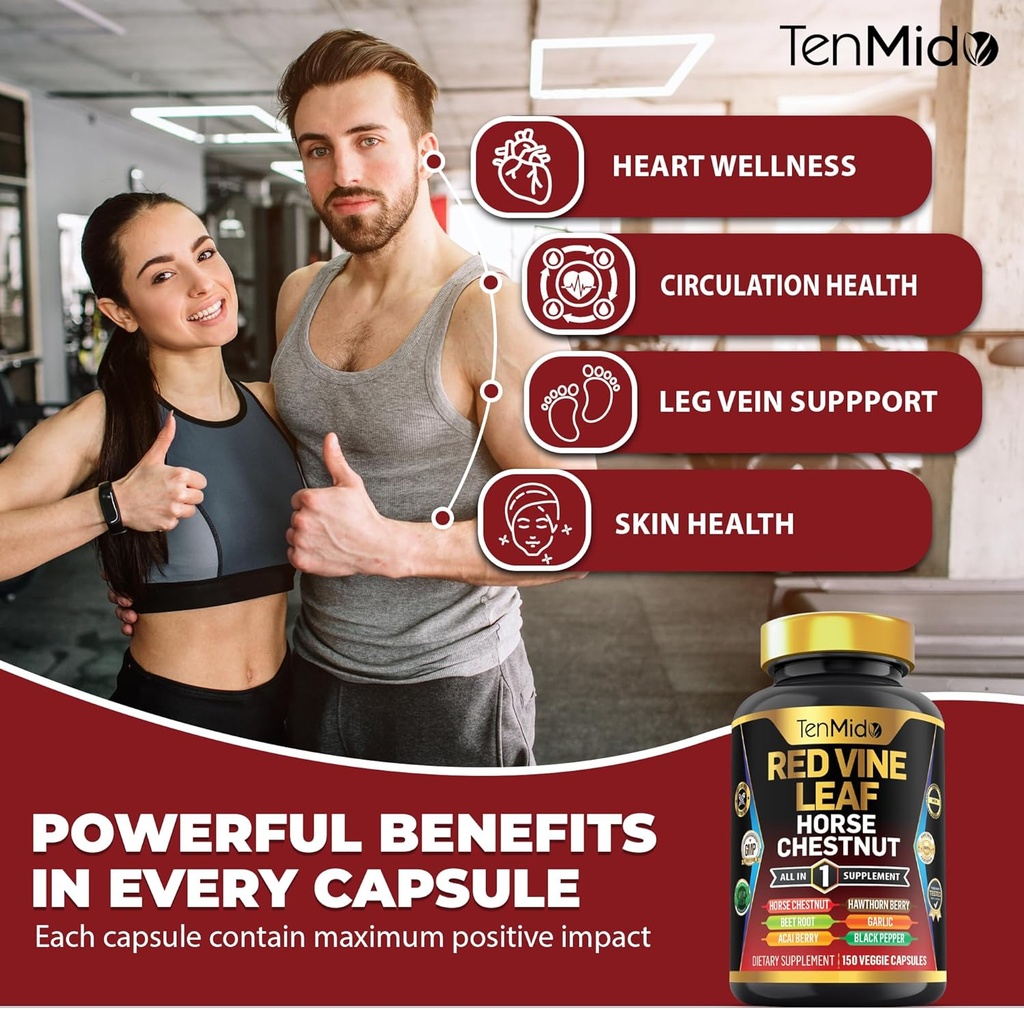 Red Vine Leaf Extract Supplement - 7in1 Formula - Combine with Horse Chestnut, Beet Root, Acai Berry, Hawthorn Berry, Garlic, and Black Pepper - 150 Capsules for 75 Days Supply 6