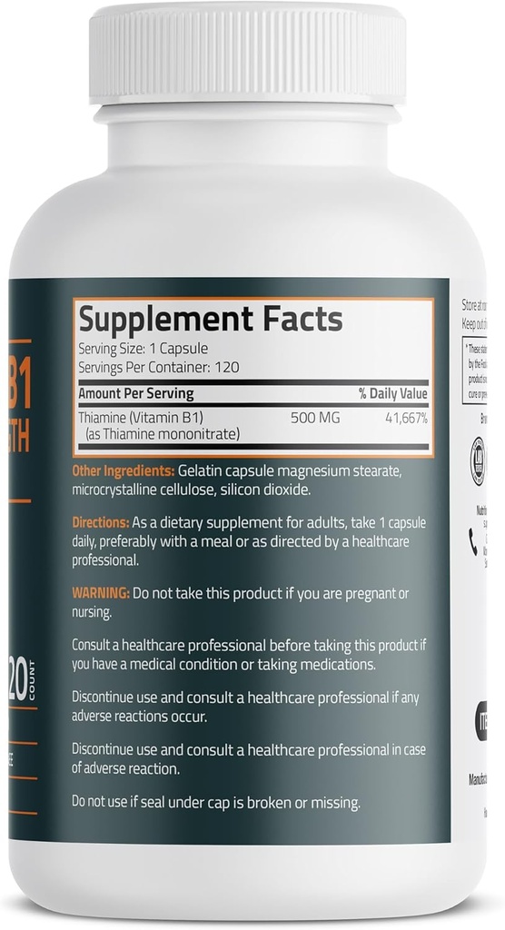 Bronson Vitamin B1 Extra Strength 500 MG High Potency Non-GMO, 120 Capsules 3