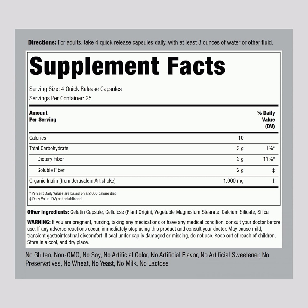 Piping Rock Organic Inulin Capsules 1000 mg | 100 Count | Low Glycemic Index | Soluble Fiber Supplement | Non-GMO, Gluten Free 3